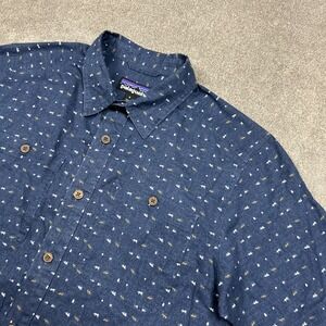 Patagonia Shirt Mens Small Back Step Hemp Blend Button Up Blue Animal Print